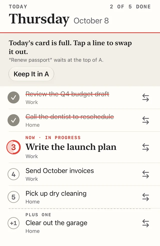 A full card with a banner under the red rule: Today's card is full. Tap a line to swap it out. Renew passport waits at the top of A, with a Keep It in A button. Each of the five lines and the Plus One shows a swap mark on the right.
