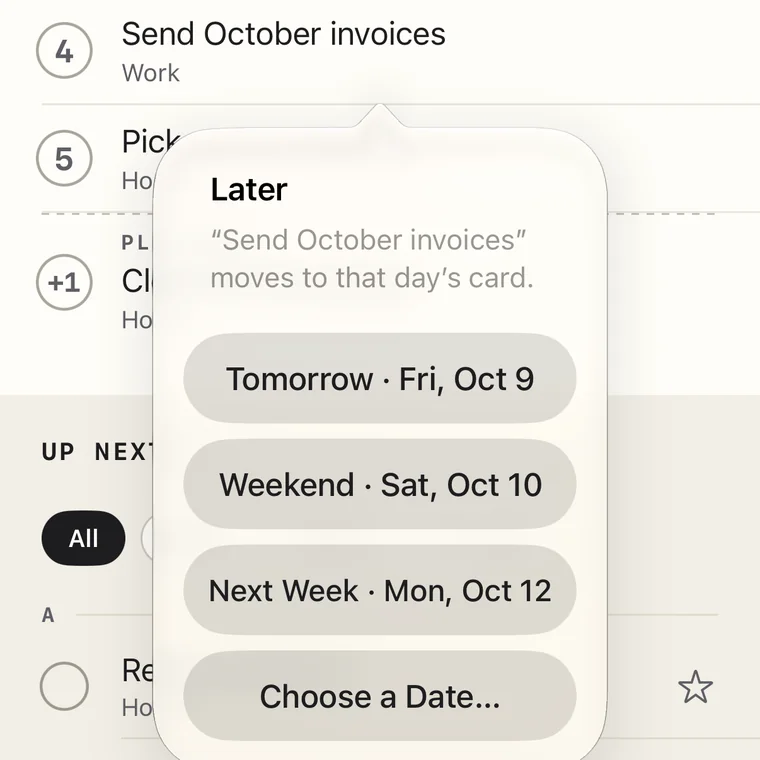 Later, opened from line 4, Send October invoices: it moves to that day's card. The choices are Tomorrow, Fri, Oct 9; Weekend, Sat, Oct 10; Next Week, Mon, Oct 12; and Choose a Date…