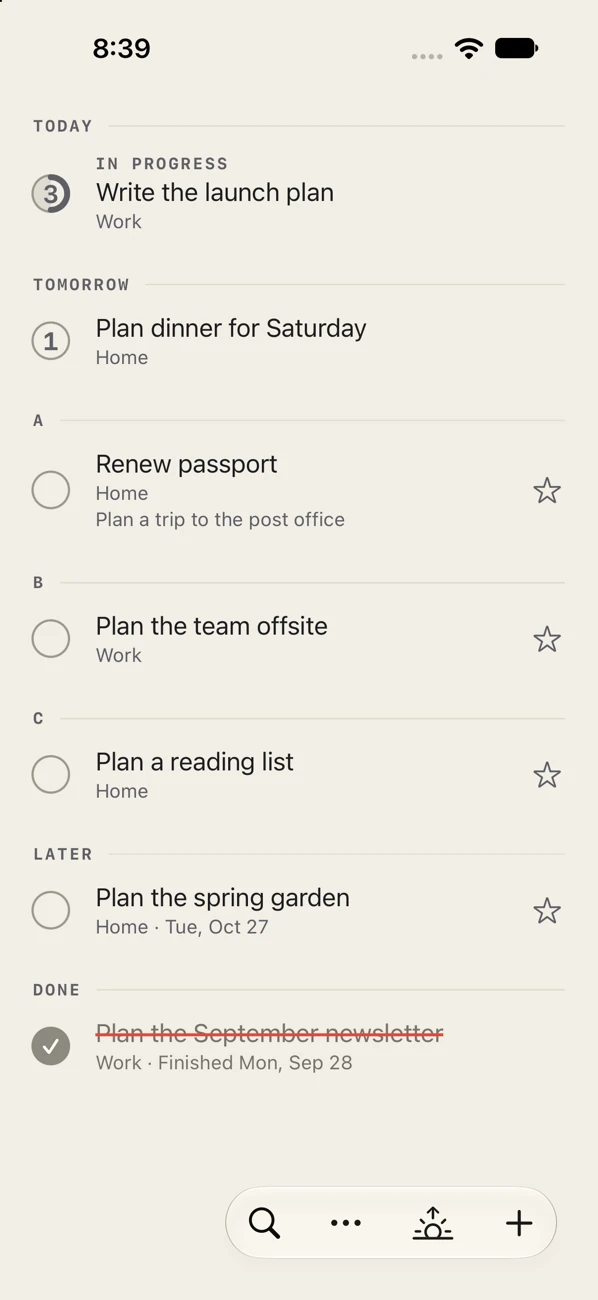 Search results for plan, in sections: Today, Tomorrow, A, B, C, Later and Done. A note that matches shows under its task's name.