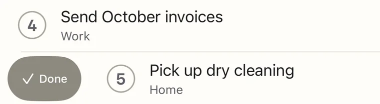Line 5, Pick up dry cleaning, slid to the right to show a Done button.