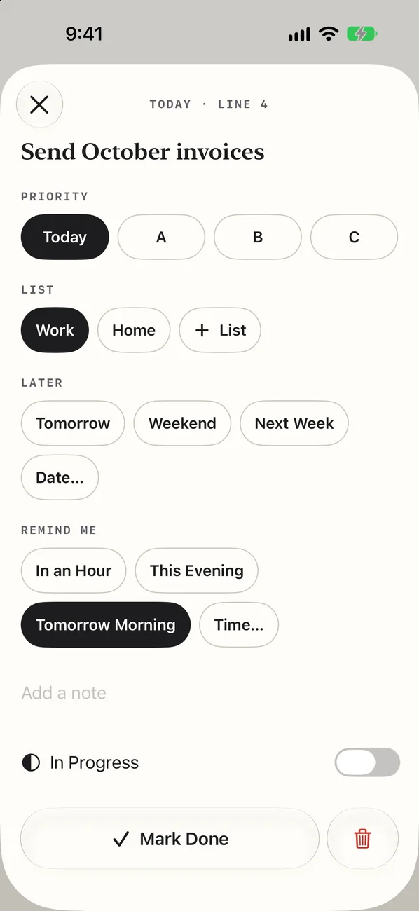 The page for Send October invoices, labeled Today, line 4: its title, then Priority with Today chosen, List with Work chosen, Later's choices, Remind Me with Tomorrow Morning chosen, Add a note, an In Progress switch, a Mark Done button and a red trash button.