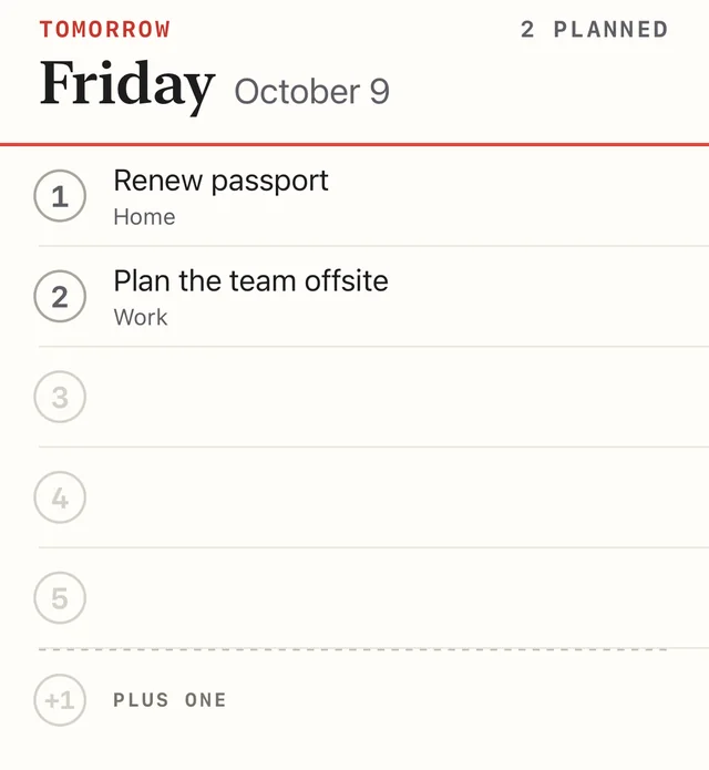 Tomorrow's card for Friday, October 9, marked Tomorrow in red, with 2 planned: Renew passport on line 1 and Plan the team offsite on line 2. Lines 3 to 5 and the Plus One are blank.